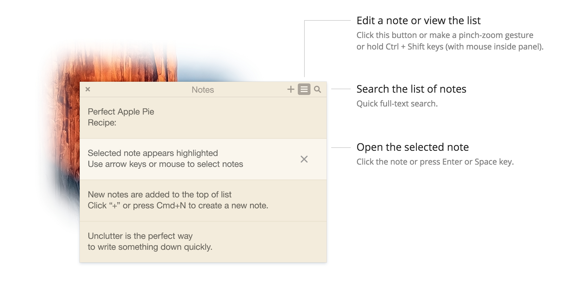 Best quick notes app for Mac. Add note, full-text search, auto-sync.