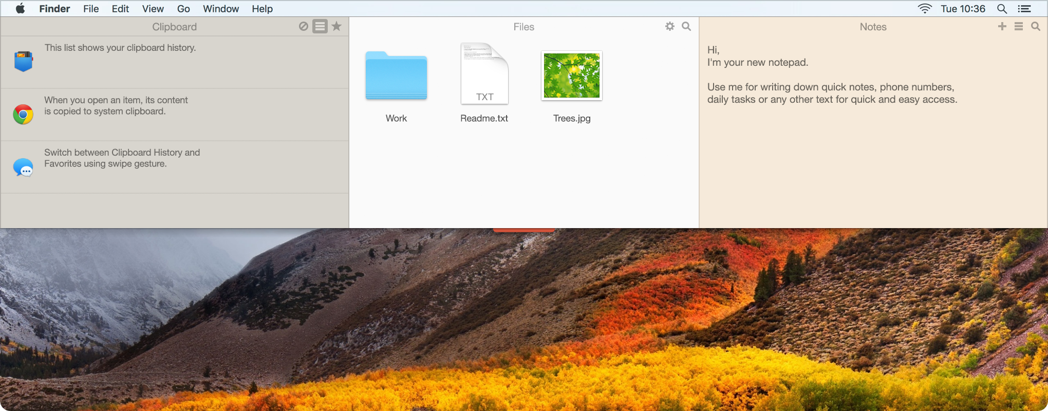 Unclutter - a new handy place on your desktop for storing notes, files and pasteboard clips.