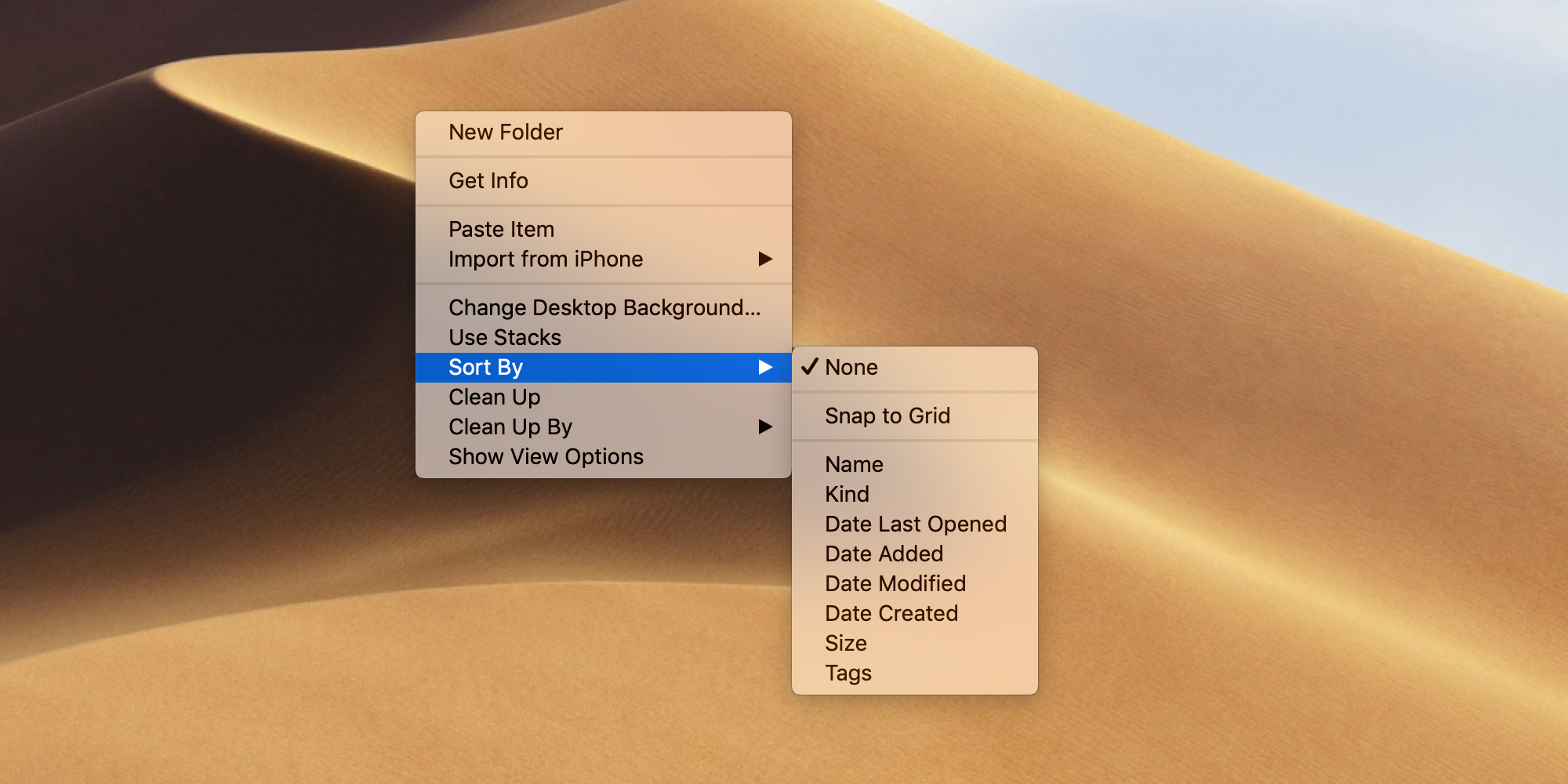 Mac Desktop - Sort items by name, kind, date, size and tags.