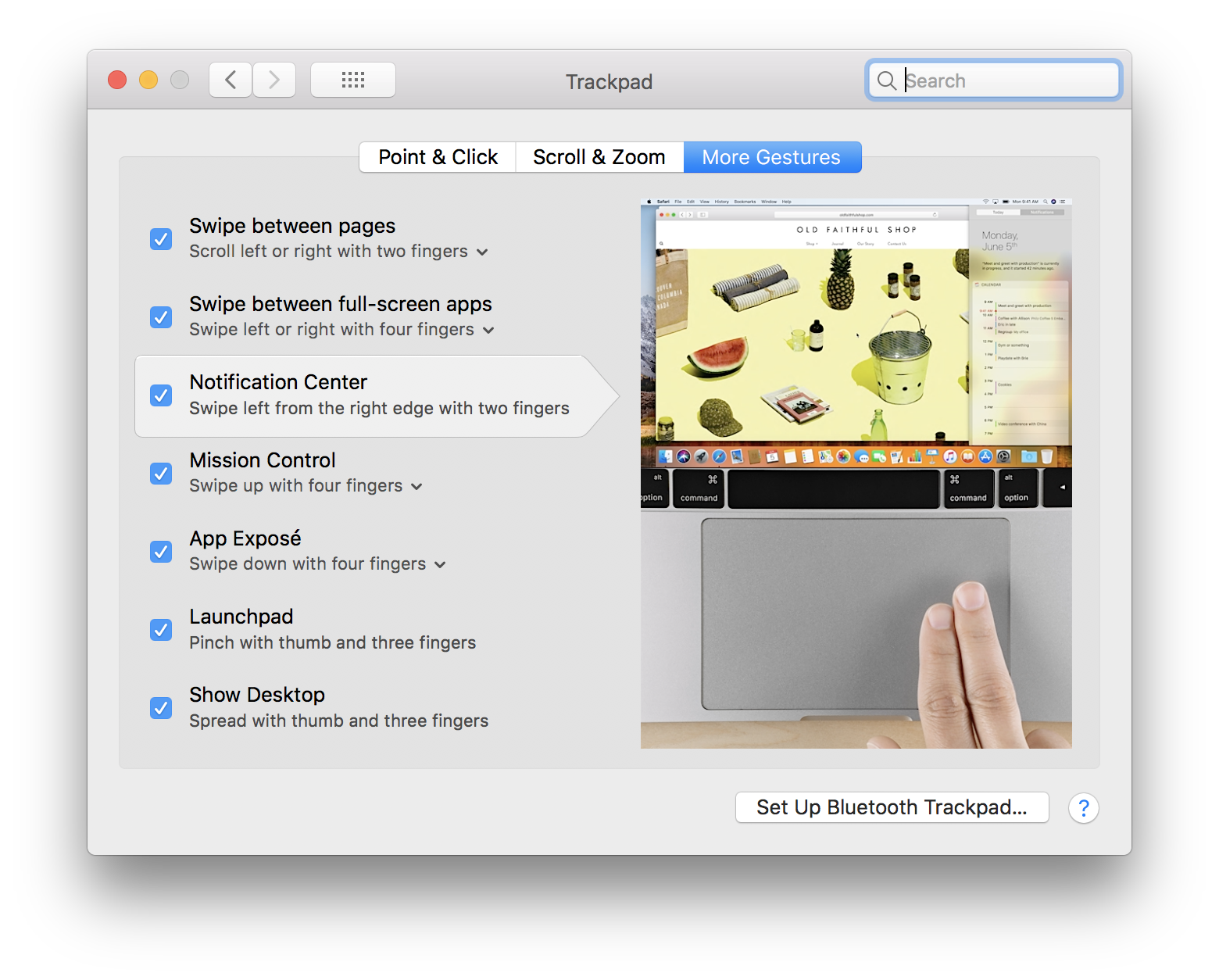 System Preferences - Trackpad - More Gestures