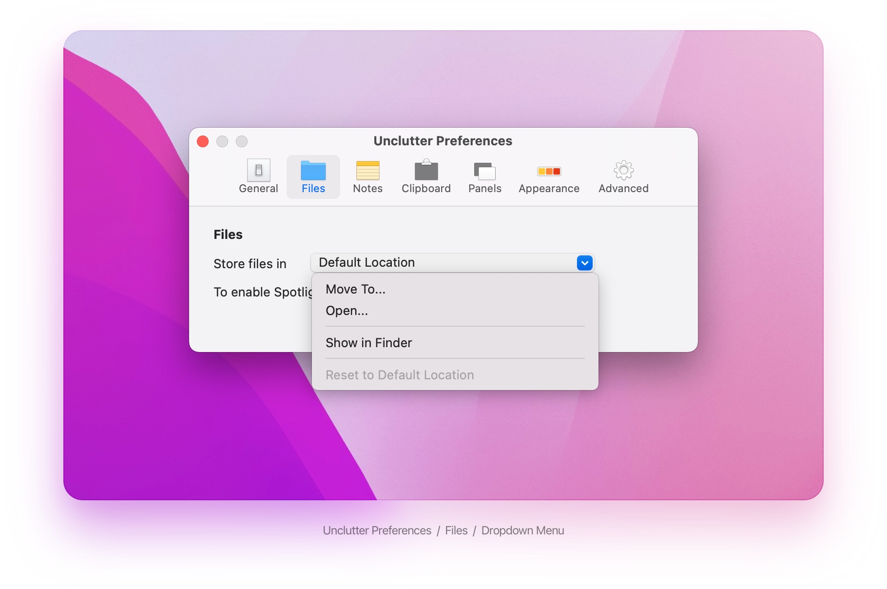 Unclutter Preferences - Files - Dropdown Menu